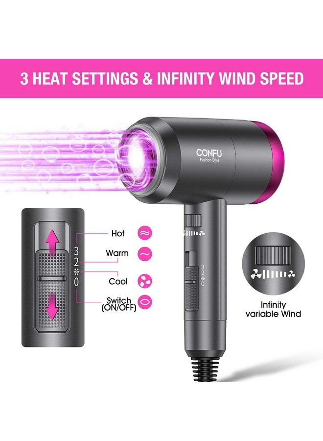 Ionic Hair Dryer Confu 1600W Portable Lightweight Blow Dryer Fast Drying Negative Ion Hairdryer Blowdryer 3 Heat Settings & Infinity Speed With Diffuser And Concentrator Nozzle For Home & Travel