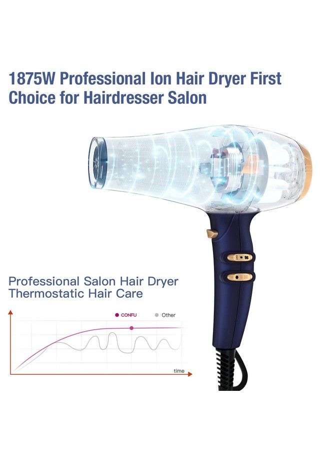 Hair Dryer 1875W Professional Salon Blow Dryer With Diffuser And Concentrator Nozzles Negative Ionic Hair Blow Dryer 2 Speed 3 Heat Quick Drying Suitable For Hairdressers Family Styling