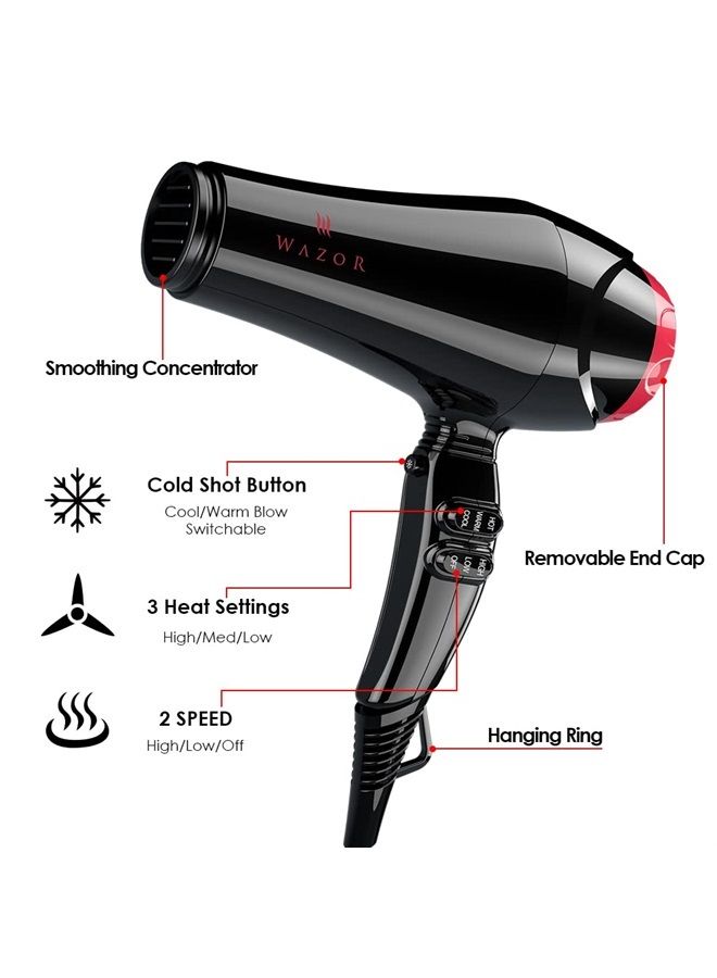 Ionic Lightweight Hair Dryer 1875W Ceramic Powerful Blow Dryer Pro AC Motor for Quick Drying, 2 Speed / 3 Heat Settings, Concentrator