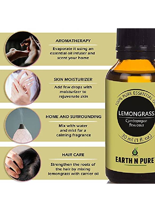 Lemongrass Essential Oil 100% Pure Undiluted l And Therapeutic Grade With Glass Dropper For Relaxation Reduce Stress Anxiety And Nausea(30 Ml)
