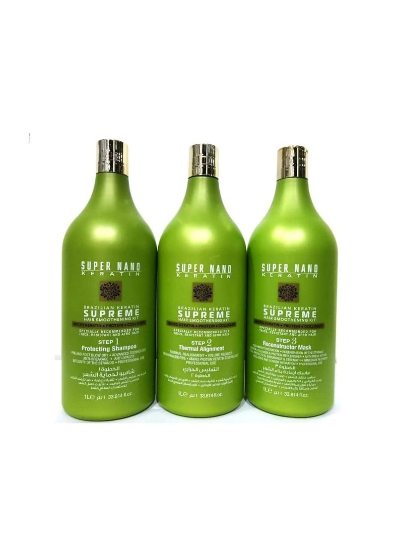 SUPER NANO KERATIN Brazilian Keratin Supreme 3-Step Hair Smoothing Kit for Thick, Afro, and Resistant Hair - Professional Frizz Control and Long-Lasting Straightening, 3x1000ml