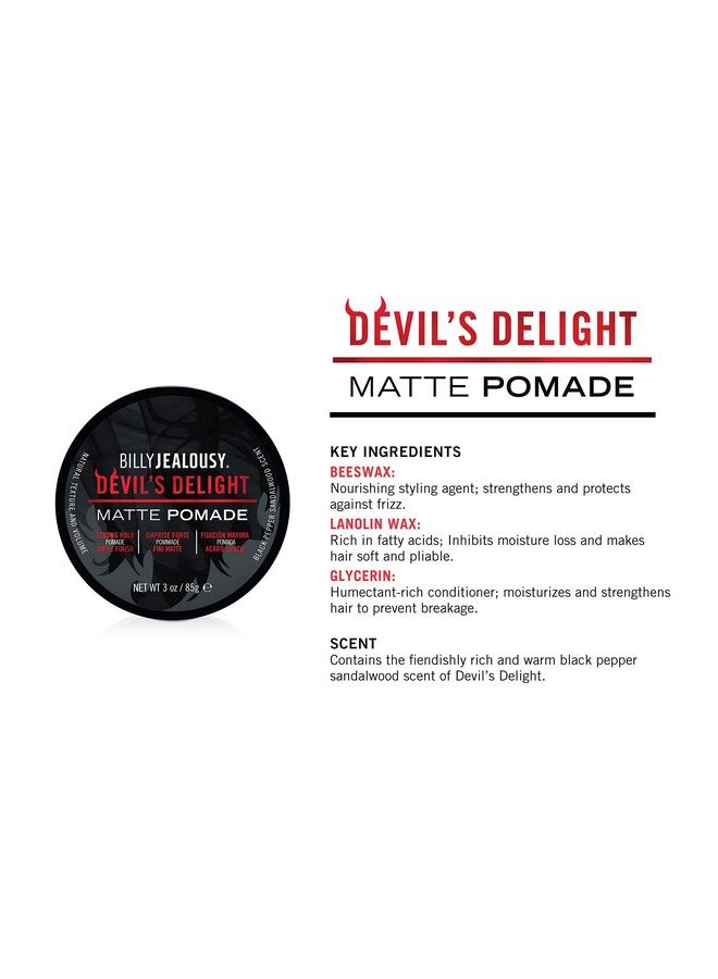 Devil Delight Matte Pomade For Men Adds Volume And Definition Strong Hold Waterbased Formula With Black Pepper Sandalwood Scent 3 Oz.