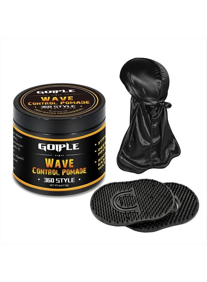 Natural Wave Pomade for Men Strong Hold, Easy Wash 360 Wave Training Hair Cream, Waves Grease for Men Promotes Layered Waves, Moisture, Control and Silky Shine (Wave Pomade+Wave Brushes*2+ Silky Durag