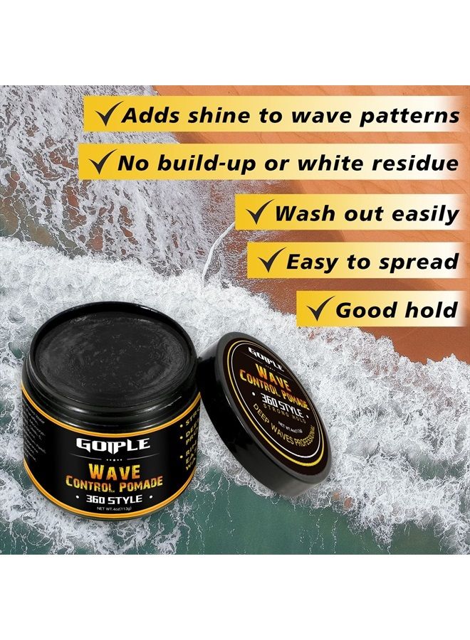 Natural Wave Pomade for Men Strong Hold, Easy Wash 360 Wave Training Hair Cream, Waves Grease for Men Promotes Layered Waves, Moisture, Control and Silky Shine (Wave Pomade+Wave Brushes*2+ Silky Durag