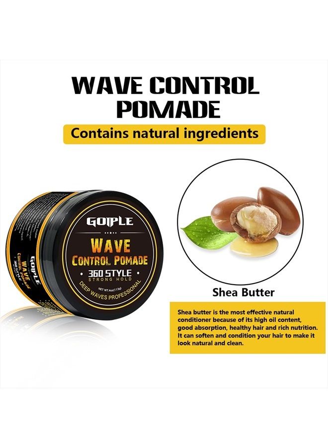 Natural Wave Pomade for Men Strong Hold, Easy Wash 360 Wave Training Hair Cream, Waves Grease for Men Promotes Layered Waves, Moisture, Control and Silky Shine (Wave Pomade+Wave Brushes*2+ Silky Durag