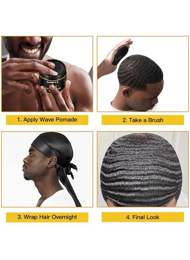 Natural Wave Pomade for Men Strong Hold, Easy Wash 360 Wave Training Hair Cream, Waves Grease for Men Promotes Layered Waves, Moisture, Control and Silky Shine (Wave Pomade+Wave Brushes*2+ Silky Durag