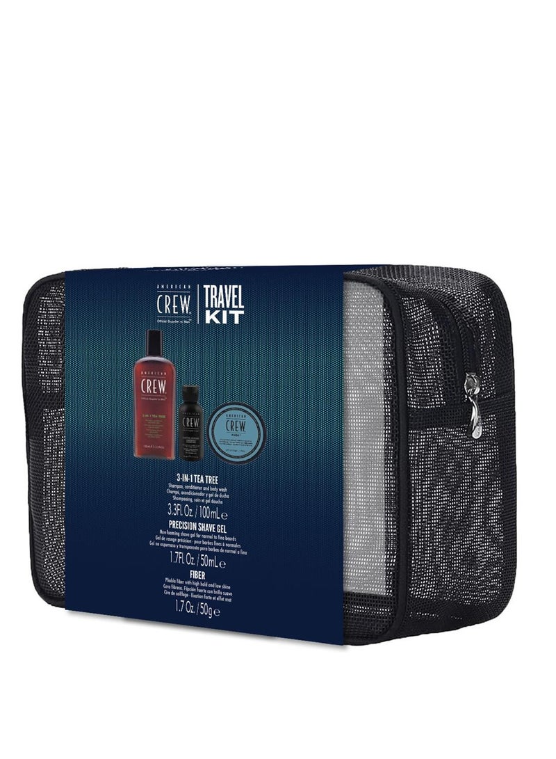 AMERICAN CREW Travel-Kit for Men: 3-in-1 Care Shampoo, Conditioner & Shower Gel (100 ml), Precision Shave Gel (50 ml) and Fibre Hair Wax with Strong Hold (50 g) for Hair and Body Care