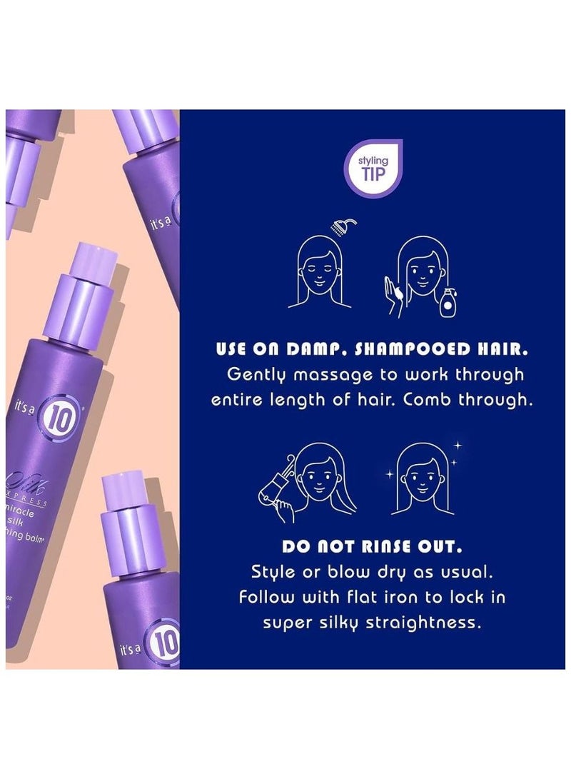 Express Miracle Silk Smoothing Balm. Silky Straight Smooth Styles, Salon Perfect Straight, Natural Botanical Straightening, Ultimate Silkiness, Manageable, Frizz Free Hair