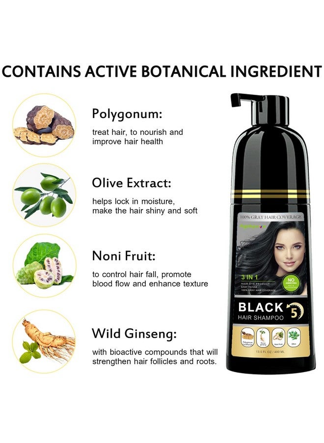 Instant Black Hair Shampoo 3 In 1 Natural Black Hair Dye Shampoo With Herbs Cover Greys Hair For Men & Women Permanent Black Hair Color Ammonia Free Herbal Black Hair Dye 400Ml (Black)