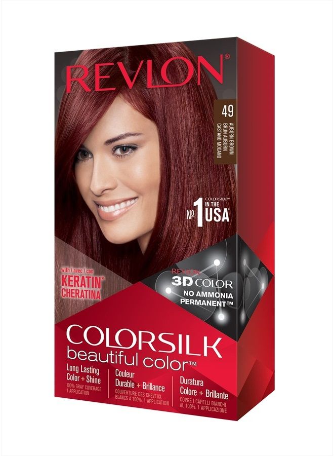 Revlon Colorsilk Beautiful Color, Permanent Hair Dye with Keratin, 100% Gray Coverage, Ammonia Free, 49 Auburn Brown