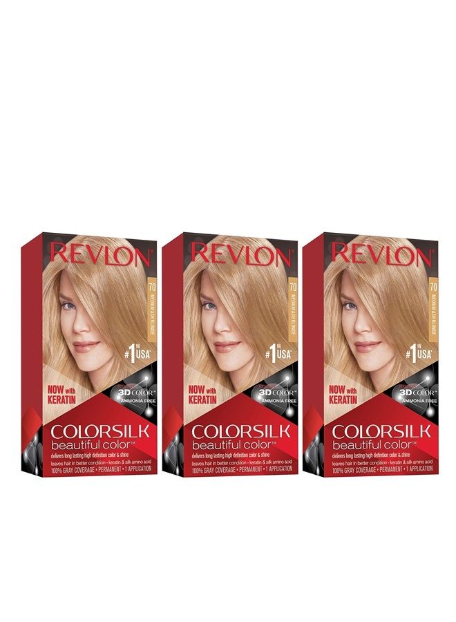Revlon Permanent Hair Color, Permanent Hair Dye, Colorsilk with 100% Gray Coverage, Ammonia-Free, Keratin and Amino Acids, 70 Medium Ash Blonde, 4.4 Oz (Pack of 3)