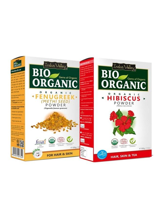 Bio Organic Natural And Pure Fenugreek Powder (Methi Powder) With Hibiscus Powder ; Hibiscus Rosasinensis For Skin Care & Hair Care (100G*2=200G)