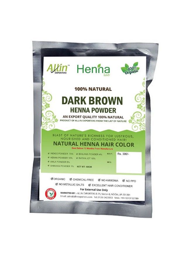 Dark Brown Henna Hair Color 100% Organic And Chemical Free Henna For Hair Color (60G X 3 Packets)