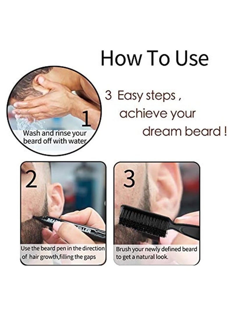 Beard Pencil Filler for Men, Filling Pen Kit - WaterProof, Long Lasting Coverage & Natural Finish, Moustache Eyebrows Dye Men Bristle Brush Included (Black)