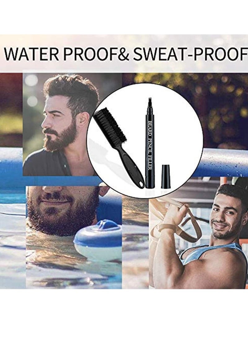 Beard Pencil Filler for Men, Filling Pen Kit - WaterProof, Long Lasting Coverage & Natural Finish, Moustache Eyebrows Dye Men Bristle Brush Included (Black)