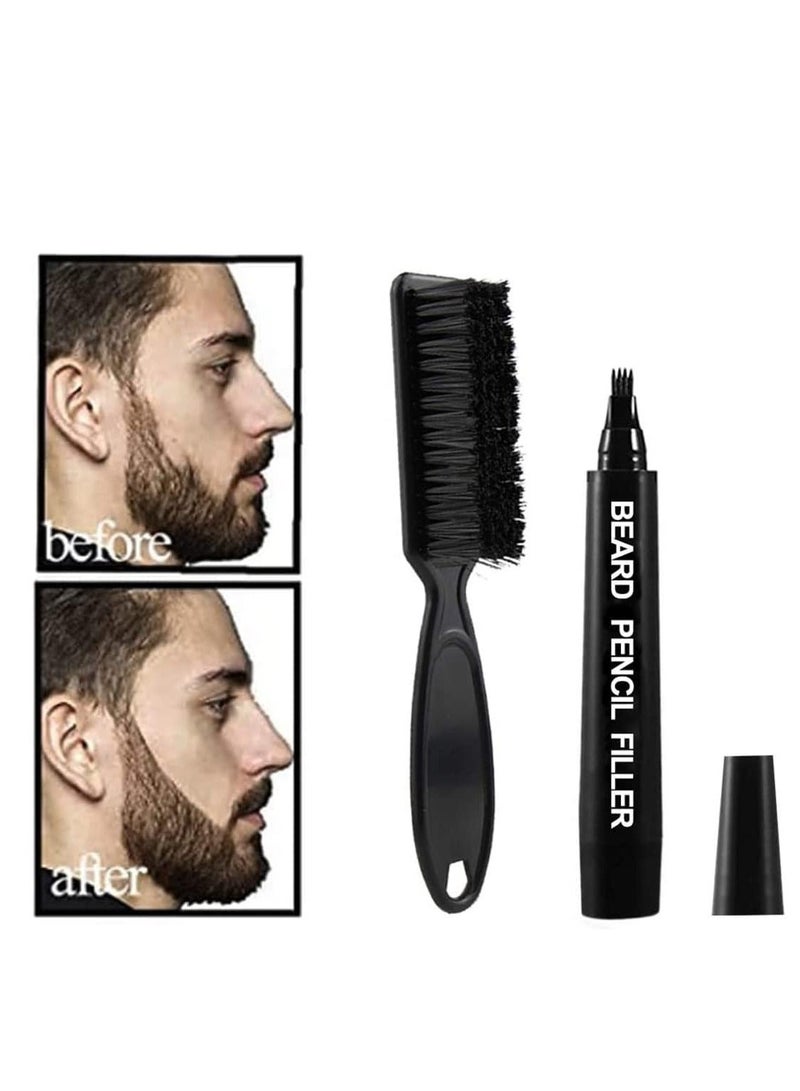 Beard Pencil Filler for Men, Filling Pen Kit - WaterProof, Long Lasting Coverage & Natural Finish, Moustache Eyebrows Dye Men Bristle Brush Included (Black)