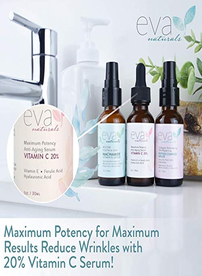 & Glow Skincare Set Of 3 Serums - Skin Care Kit With 20% Vitamin C Serum, Peptide Complex Serum, Niacinamide Vitamin B3 Serum By Eva Naturals