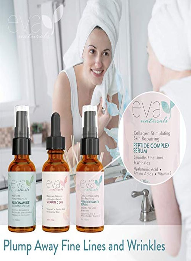 & Glow Skincare Set Of 3 Serums - Skin Care Kit With 20% Vitamin C Serum, Peptide Complex Serum, Niacinamide Vitamin B3 Serum By Eva Naturals