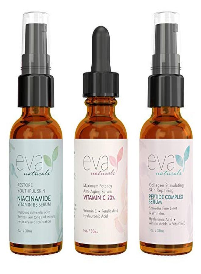 & Glow Skincare Set Of 3 Serums - Skin Care Kit With 20% Vitamin C Serum, Peptide Complex Serum, Niacinamide Vitamin B3 Serum By Eva Naturals