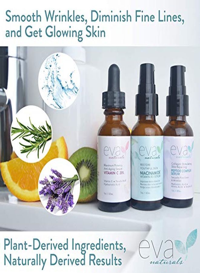 & Glow Skincare Set Of 3 Serums - Skin Care Kit With 20% Vitamin C Serum, Peptide Complex Serum, Niacinamide Vitamin B3 Serum By Eva Naturals