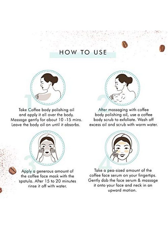 Musthave Coffee Skincare Set For Face And Body ; Exfoliates Moisturizes Hydrates ; Face Mask Body Scrub Body Oil Face Serum ; Pack Of 4