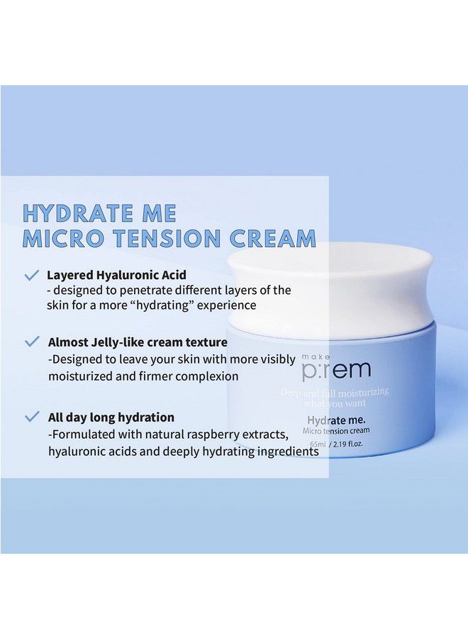 Makeprem Hydrate Me Micro Tension Cream Moisturizing Water Cream Hydrate Smooth Nosticky Dry Extradry Sensitive Oily Aging Acneprone Skin Hyaluronic Acid Raspberry 2.19 Fl Oz Korean Skincare.