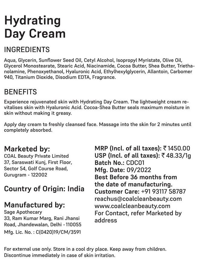 Hydrating Day Cream ; Sunflower Seed Oil Olive Oil Niacinamide Cocoa Butter Shea Butter ; Moisturizes Improves Skin Elasticity & Relieves Dryness ; Women ; All Skin Types