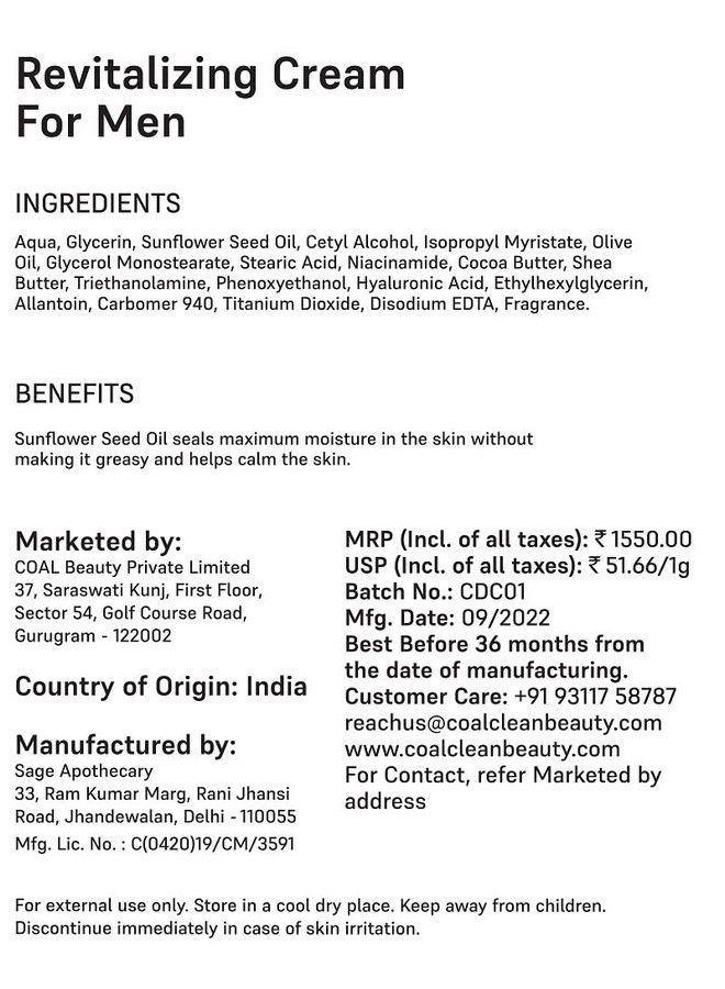 Revitalizing Cream For Men ; Sunflower Seed Oil Niacinamide Olive Oil Cocoa Butter Shea Butter; Moisturizes & Delays Premature Ageing ; Men ; All Skin Types