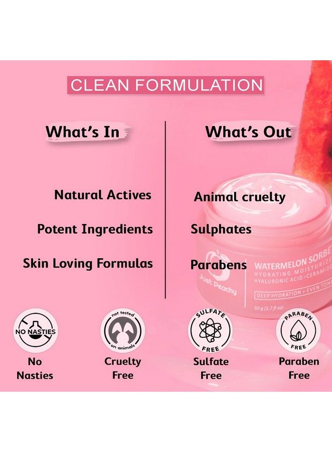 Watermelon Sorbet Hydrating Moisturiser With Hyaluronic Acid Watermelon And Ceramides ; Lightweight ; Hydrates & Plumps Skin ; Non Oily Matte Face Cream For Dull Skin And Dryness 50G