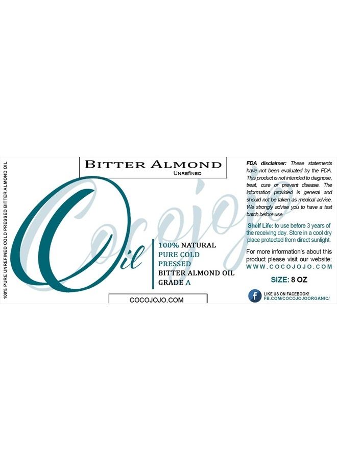 Bitter Almond Oil - 8 oz - 100% Pure, Unrefined, Cold Pressed, Non-GMO, Vegan, Extra Virgin, All Natural, Perfect for Body, Hair, Face, Skin, Nails, Facial Hair, Lashes, Eyebrows - Packaging May Vary