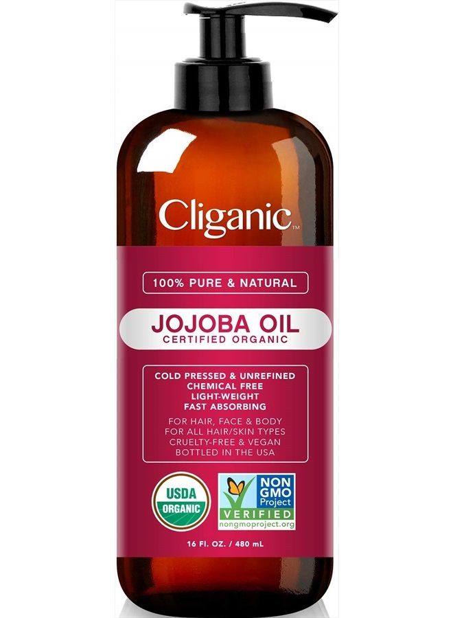 USDA Organic Jojoba Oil 16oz with Pump, 100% Pure | Bulk, Moisturizing Oil for Face, Hair, Skin & Nails | Natural Cold Pressed Hexane Free