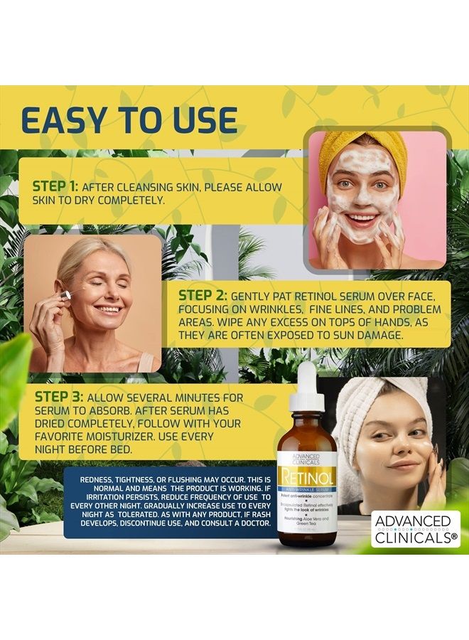 Retinol Facial Serum Moisturizer Skin Care For Face, Anti Aging Retinol Concentrate Reduces Appearance Of Wrinkles & Fine Lines W/Nourishing Aloe Vera & Green Tea, 1.75 Fl Oz