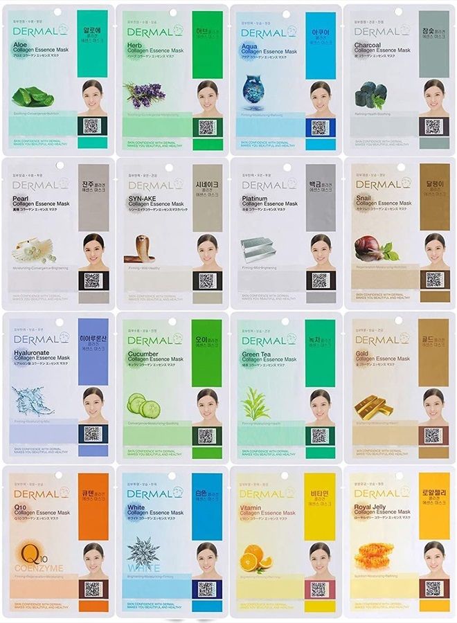 16 Combo Pack A Collagen Essence Korean Face Mask - Hydrating and Soothing Facial Mask with Panthenol - Hypoallergenic Self Care Sheet Mask for All Skin Types - Natural Home Spa Treatment Masks