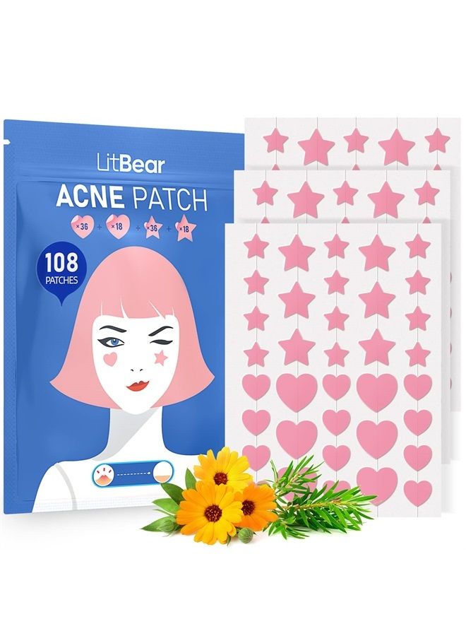 Acne Patch Pimple Patch, Pink Heart & Star Shaped Absorbing Cover Hydrocolloid Patches For Face Zit, Acne Dots, Tea Tree Oil + Centella (108 Count (Pack of 1))