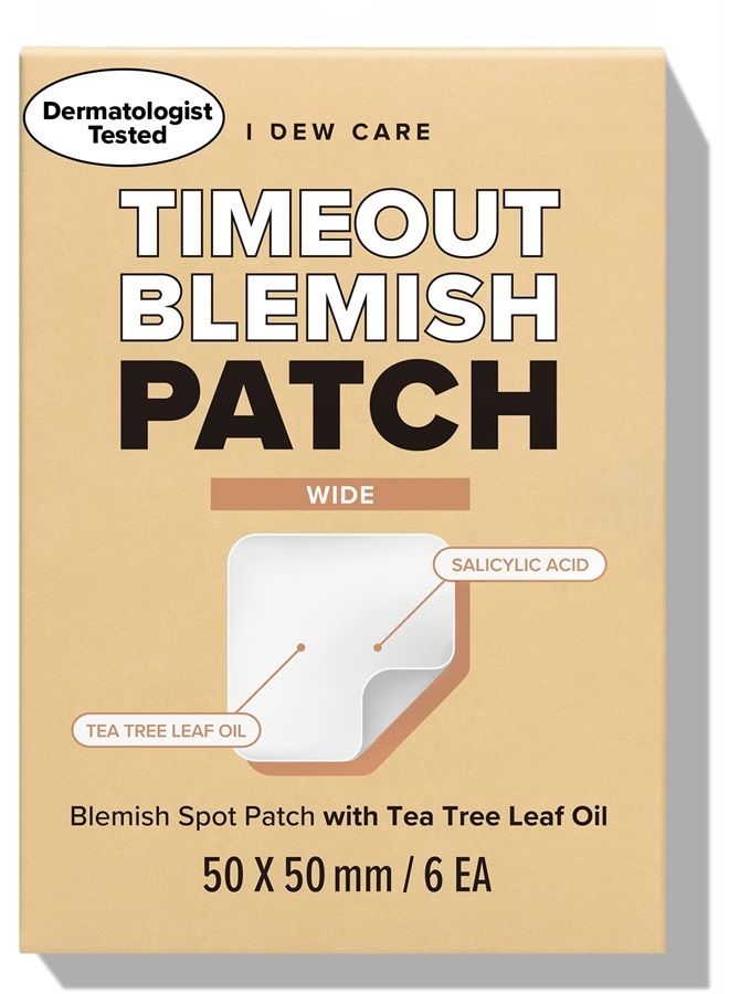 Hydrocolloid Acne Pimple Patch - Timeout Blemish Wide | Korean zit dark spot patches for face and skin, big large size, 6 Count (50 x 50mm), Pus absorbing with Tea Tree Oil