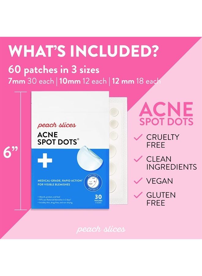 Acne Spot Dots | Clear Hydrocolloid Acne Pimple Patch for Zits and Breakouts | Treats, Drains, and Shrinks Blemishes | Vegan and Cruelty-Free | Three Sizes 7mm, 10mm, 12mm (60 Count)