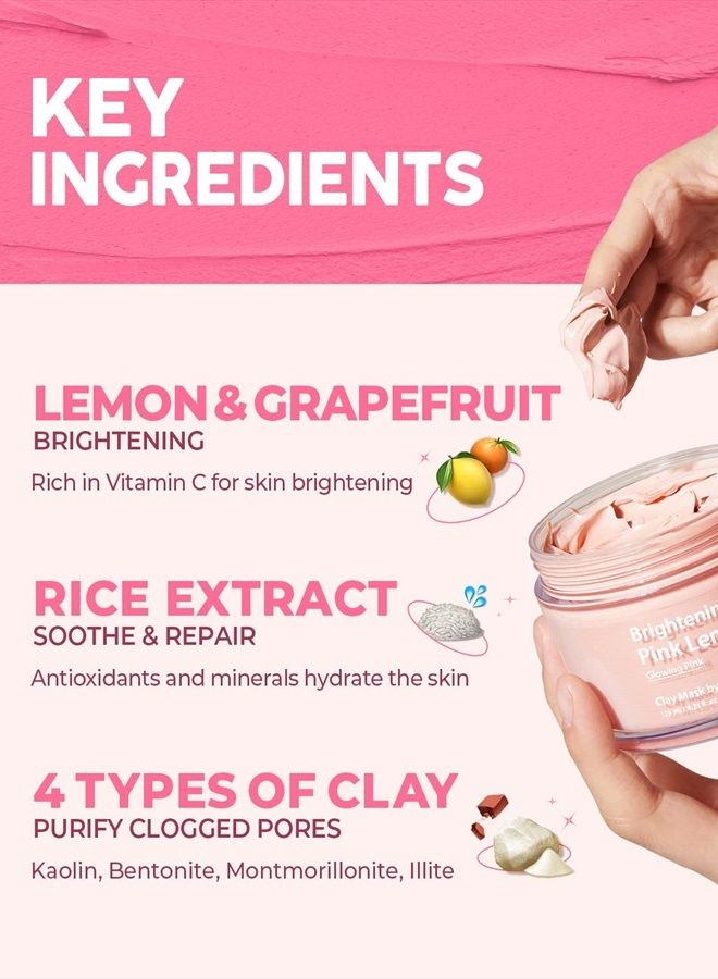 Glam Up Brightening Pink Lemon Clay Mask | Gentle Exfoliating Hydrating Face Masks for Dark Spots | Brightening Pink Clay Mask for Dull Skin, Pore Cleansing Blackhead remover, Vegan Facial masks - (12