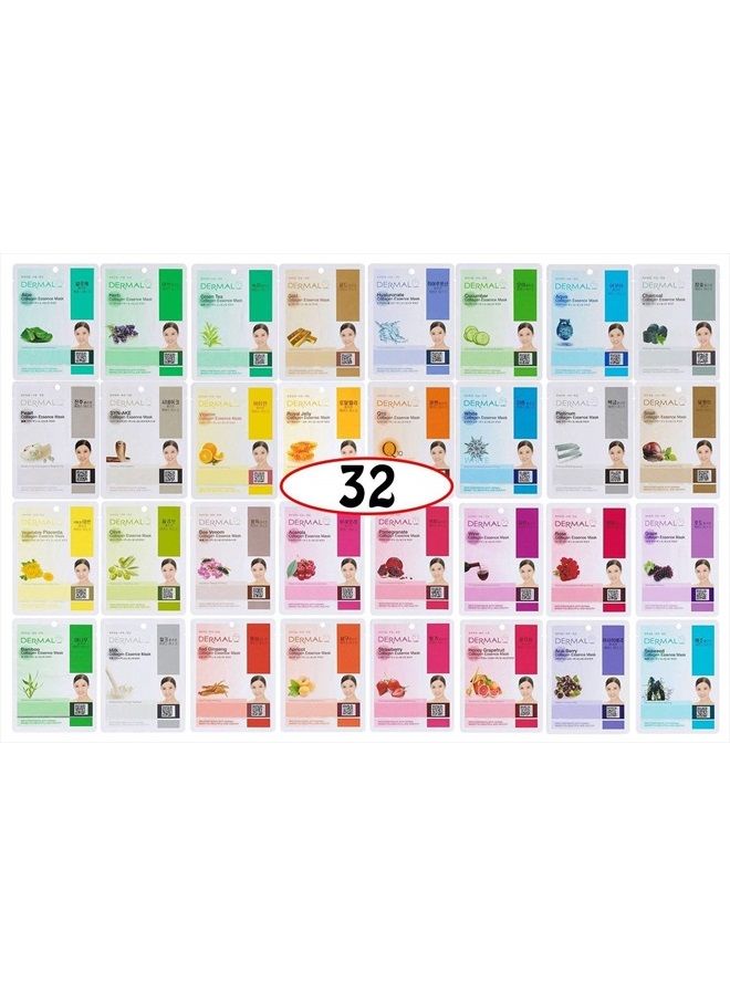 32 Combo A+B Set Collagen Essence Korean Face Mask - Hydrating and Soothing Facial Mask with Panthenol - Hypoallergenic Self Care Sheet Mask for All Skin Types - Natural Home Spa Treatment Mask