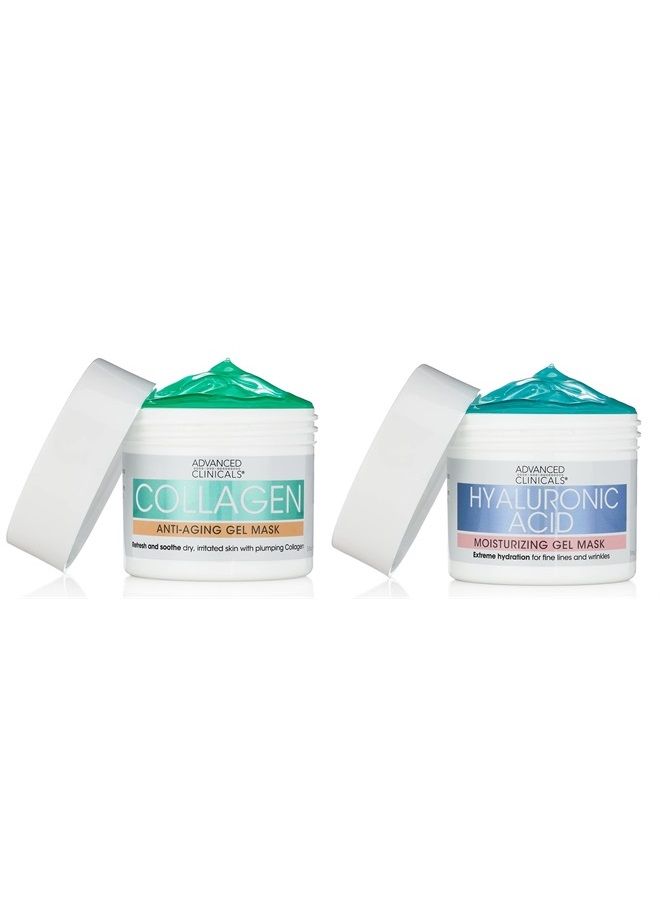 Collagen Anti Aging Gel Mask W/Coconut Oil & Rosewater + Hyaluronic Acid Moisturizing Gel Mask W/Soothing Chamomile 2-Pack Skin Care Set. Hydrating Facial Skincare Mask Bundle