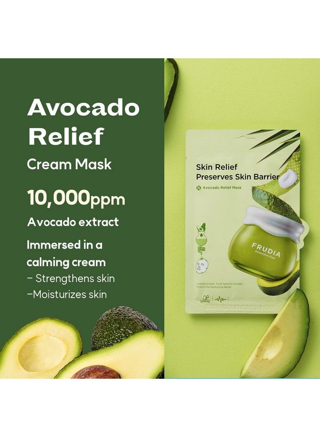 Avocado Relief Cream Mask | Korean Skin Care Moisturizing Face Mask Sheet | Korean Sheet Mask Pack Face Moisturizer Hydrating Face Masks W/Avocado Extracts & Madecassoside (Pack Of 10)