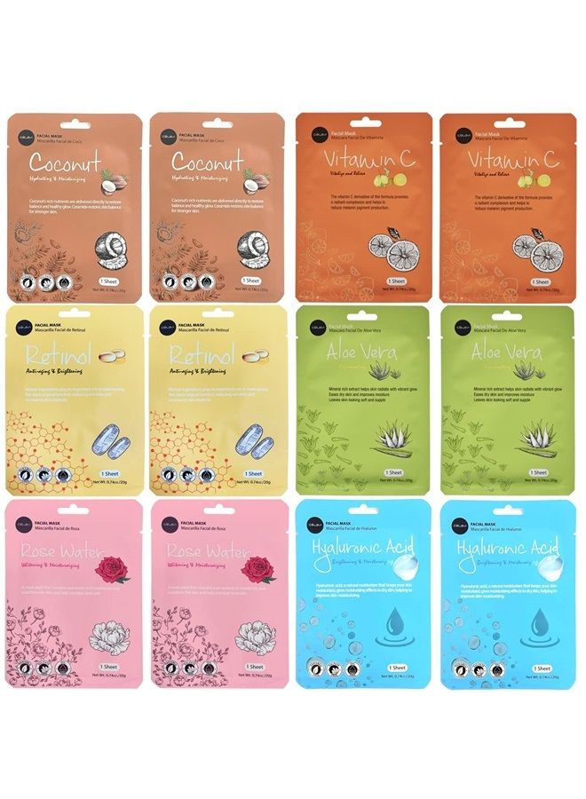 Celavi Essence Facial Face Mask Paper Sheet Korea Skin Care Moisturizing 12 Pack (Mix - 2 of Each)