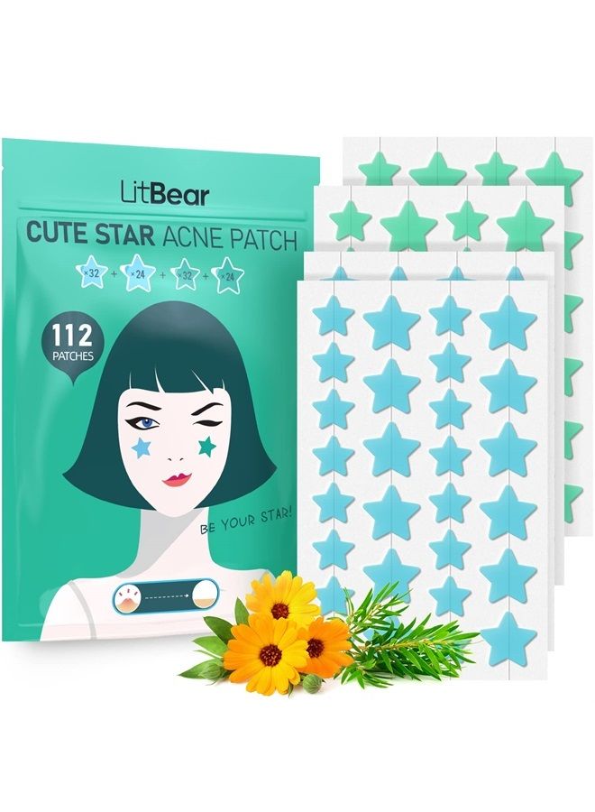 Star-Shaped Pimple Patch Hydrocolloid Acne Stickers with Tea Tree Oil + Salicylic Acid, Cover Dot for Acne Blemish, Pimples, Whiteheads, Zit, Draw out Oil & Impurities, 112 Dots, 14mm & 10mm