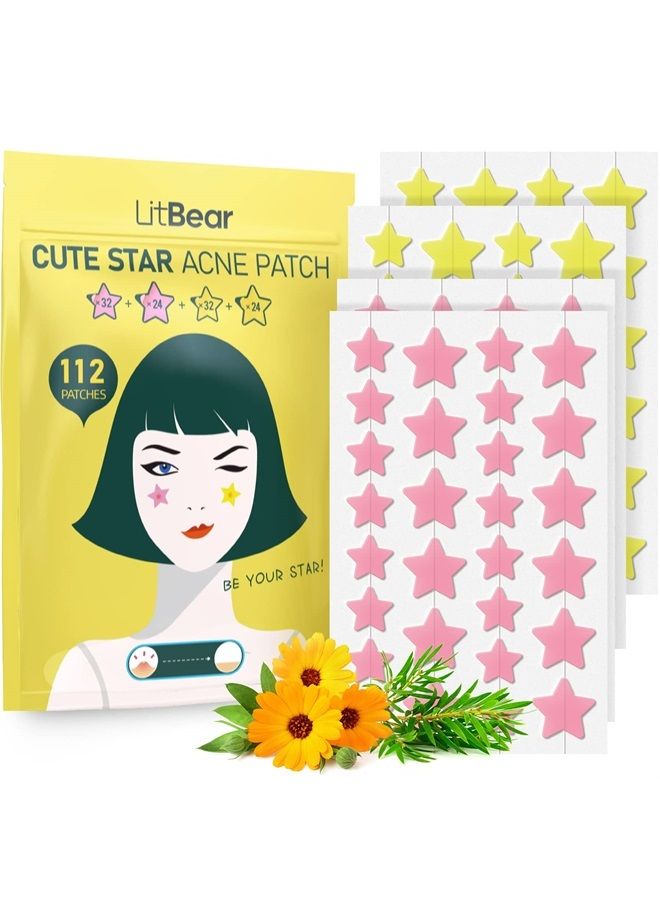 Acne Patch Pimple Patch, Pink & Yellow Star Shaped Acne Absorbing Cover Patch, Hydrocolloid Acne Patches For Face Zit Patch Acne Dots, Tea Tree Oil + Centella, 112 Patches, 14mm & 10mm