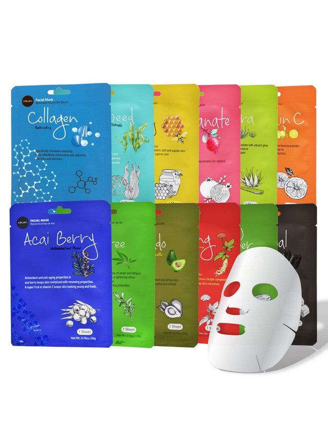 Celavi Essence Facial Sheet Face Mask Variety Set Classic Authentic Korean Moisturizing Skincare (12Packs)