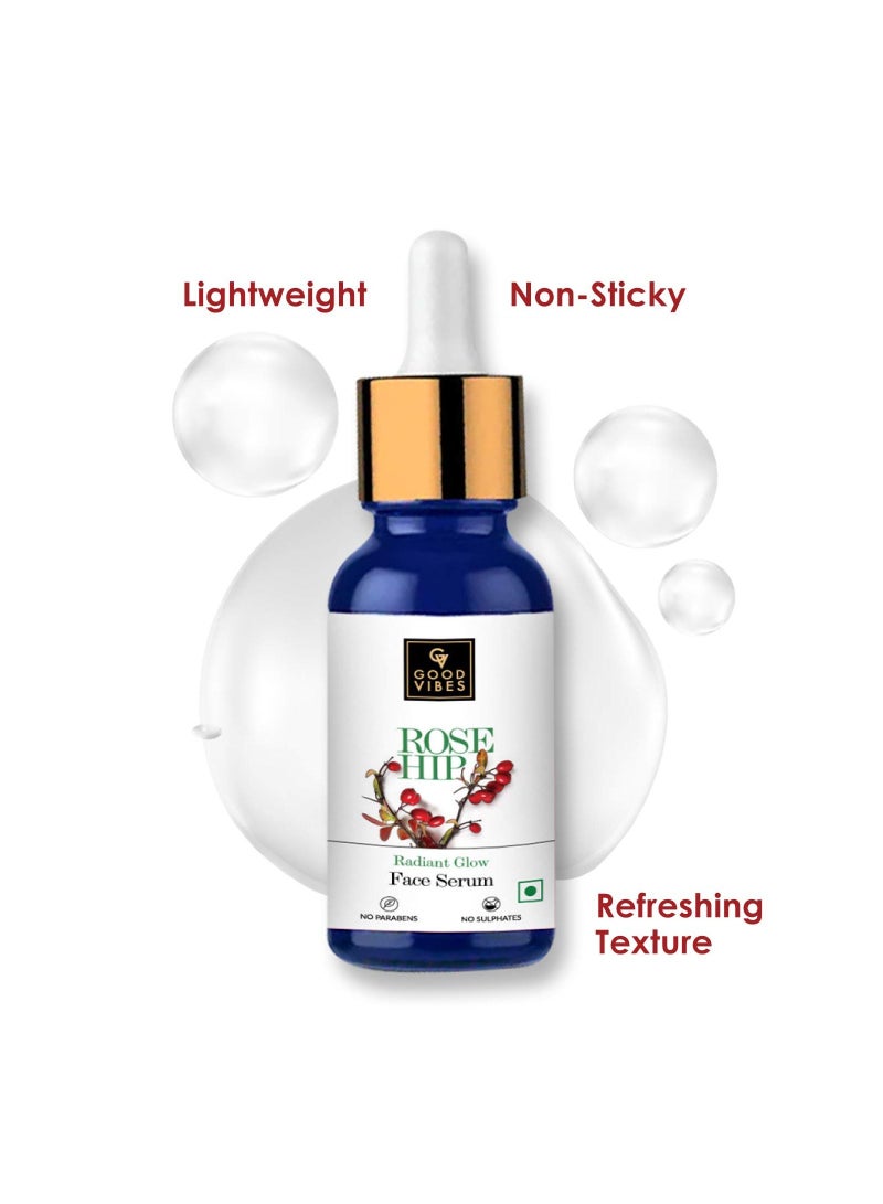 Good Vibes Rose Hip Radiant Glow Face Serum 10 ml Light Weight Non Greasy Moisturizing Anti Ageing Formula For All Skin Types Corrects Dark Spots Natural No Parabens & Sulphates No Animal Testing