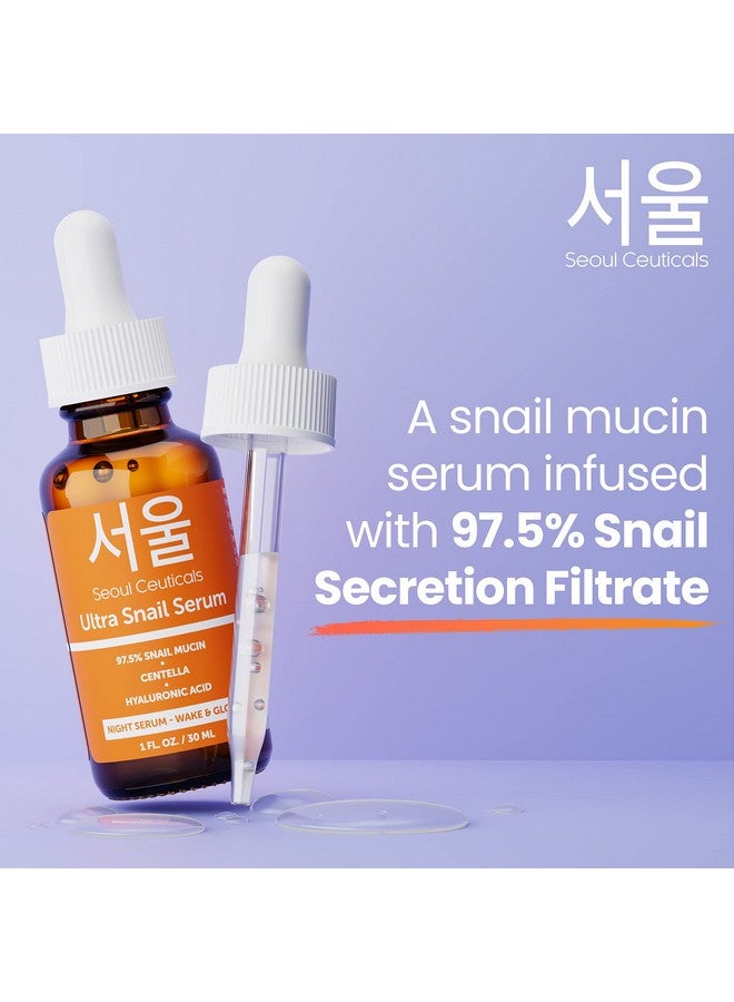 Eoulceuticals Korean Skin Care 97.5% Snail Mucin Serum Skincare Night Serum Hyaluronic Acid For Face Contains K Beauty Snail + Centella Asiatica Potent Anti Wrinkle Serum 1Oz