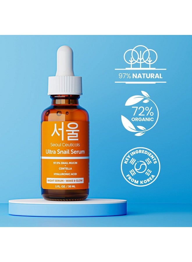 Eoulceuticals Korean Skin Care 97.5% Snail Mucin Serum Skincare Night Serum Hyaluronic Acid For Face Contains K Beauty Snail + Centella Asiatica Potent Anti Wrinkle Serum 1Oz