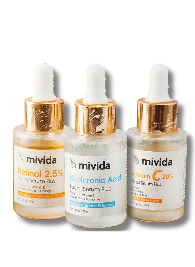 Ivida Facial Serum Set Of 3 ; Hyaluronic Acid Serum + Retinol 2.5% Serum + Vitamin C 20% Serum ; Antiaging Hydrating Brightening & Firming Serum For Face ; Skincare Set ; 1 Fl Oz Pack Of 3