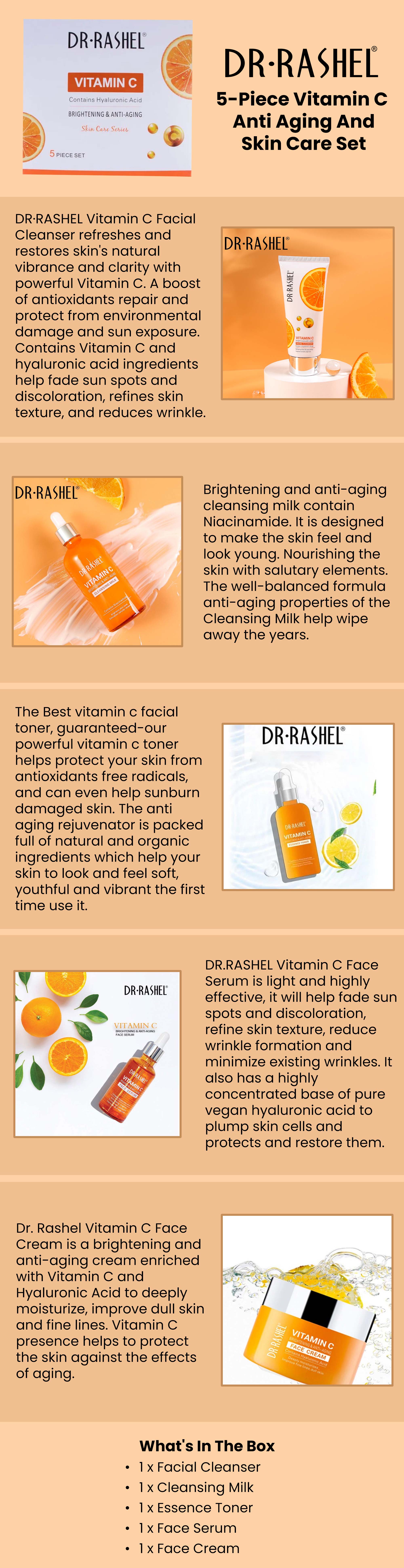 5-Piece Vitamin C Anti Aging And Skin Care Set Orange/White Facial Cleanser 80 g, Cleansing Milk 100 Ml, Essence Toner 100 Ml, Face Serum 50 Ml, Face Cream 50grams
