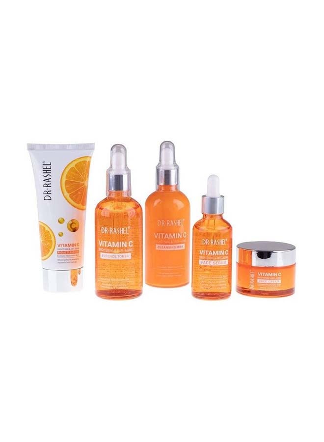 5-Piece Vitamin C Anti Aging And Skin Care Set Orange/White Facial Cleanser 80 g, Cleansing Milk 100 Ml, Essence Toner 100 Ml, Face Serum 50 Ml, Face Cream 50grams